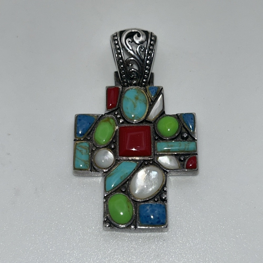 Vintage .925 Sterling Silver Cross, Handmade Multi Gemstone‎ Cross
